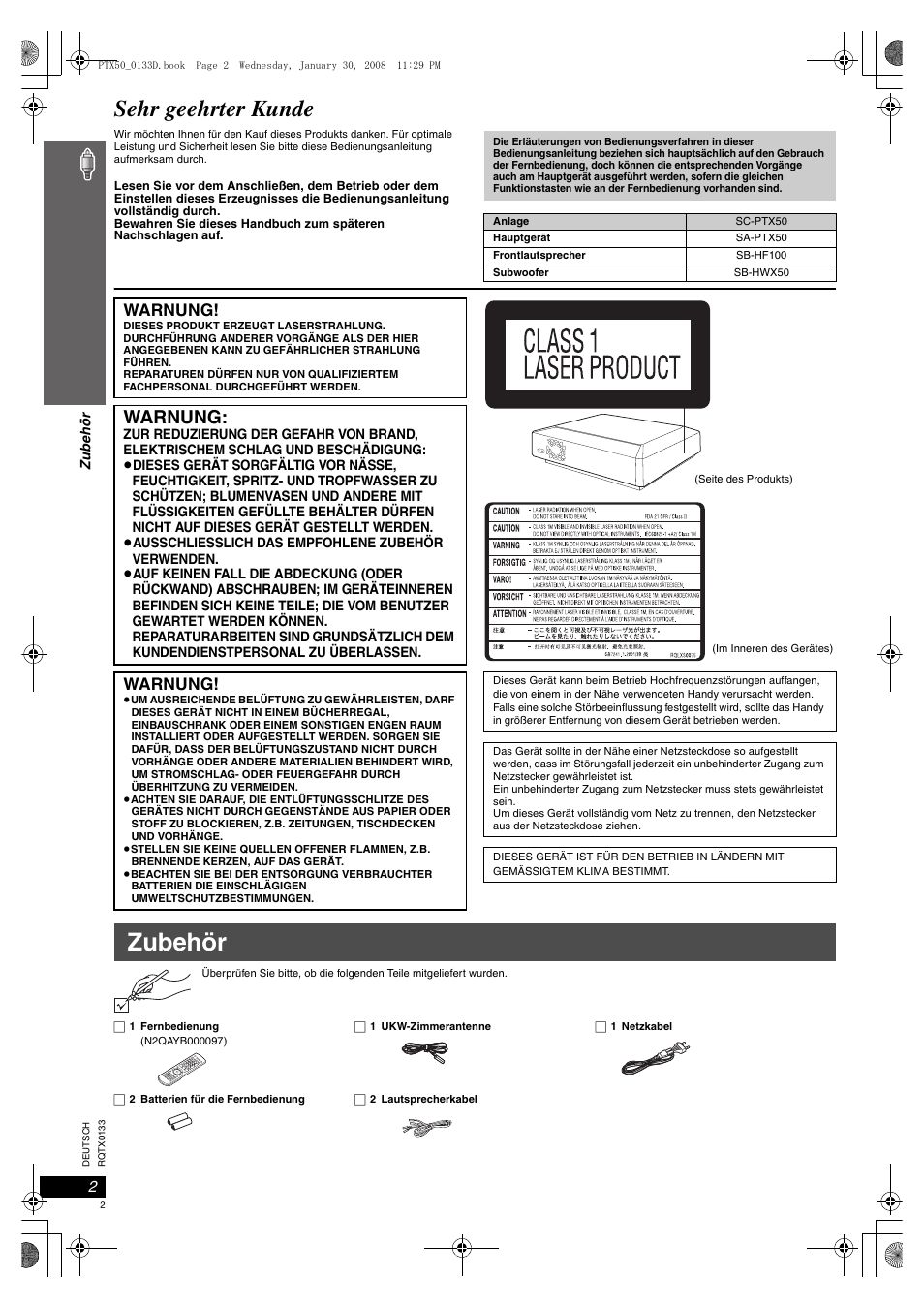 Zubehör, Sehr geehrter kunde, Warnung | Panasonic SCPTX50 User Manual | Page 2 / 116
