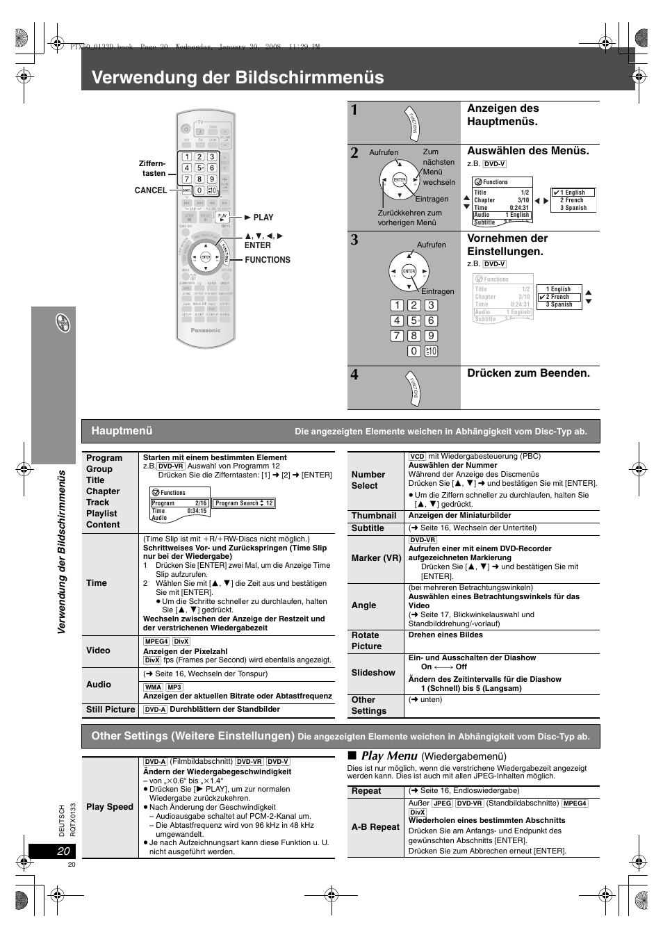 Verwendung der bildschirmmenüs, Seite 20, Play menu | Anzeigen des hauptmenüs, Auswählen des menüs, Vornehmen der einstellungen, Drücken zum beenden, Hauptmenü, Other settings (weitere einstellungen) | Panasonic SCPTX50 User Manual | Page 20 / 116