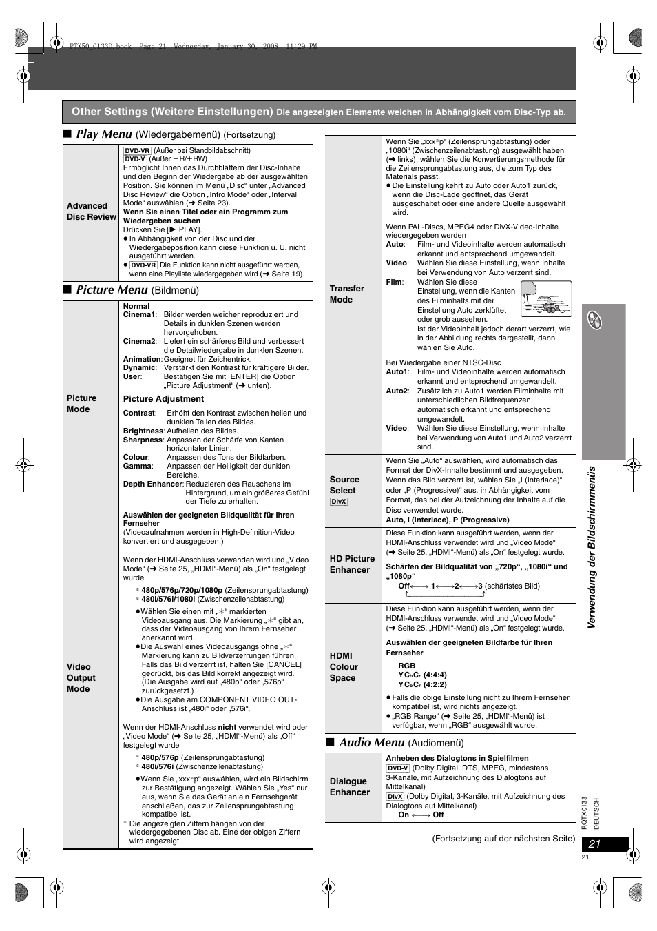 Seite 21, Seite 21, p, Play menu | Picture menu, Audio menu, Other settings (weitere einstellungen) | Panasonic SCPTX50 User Manual | Page 21 / 116