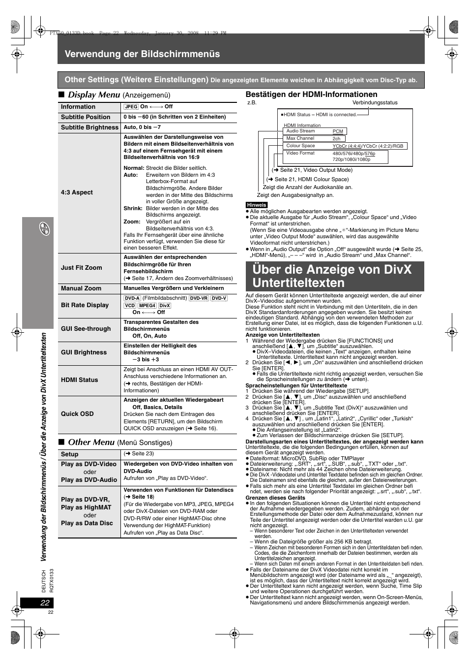 Über die anzeige von divx untertiteltexten, Seite 22, o, Verwendung der bildschirmmenüs | Display menu, Other menu | Panasonic SCPTX50 User Manual | Page 22 / 116