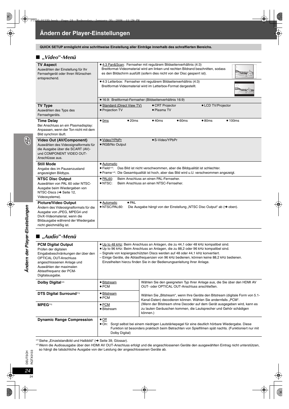Seite 24, Ändern der player-einstellungen, Video “ -menü ∫ „ audio “ -menü | Panasonic SCPTX50 User Manual | Page 24 / 116