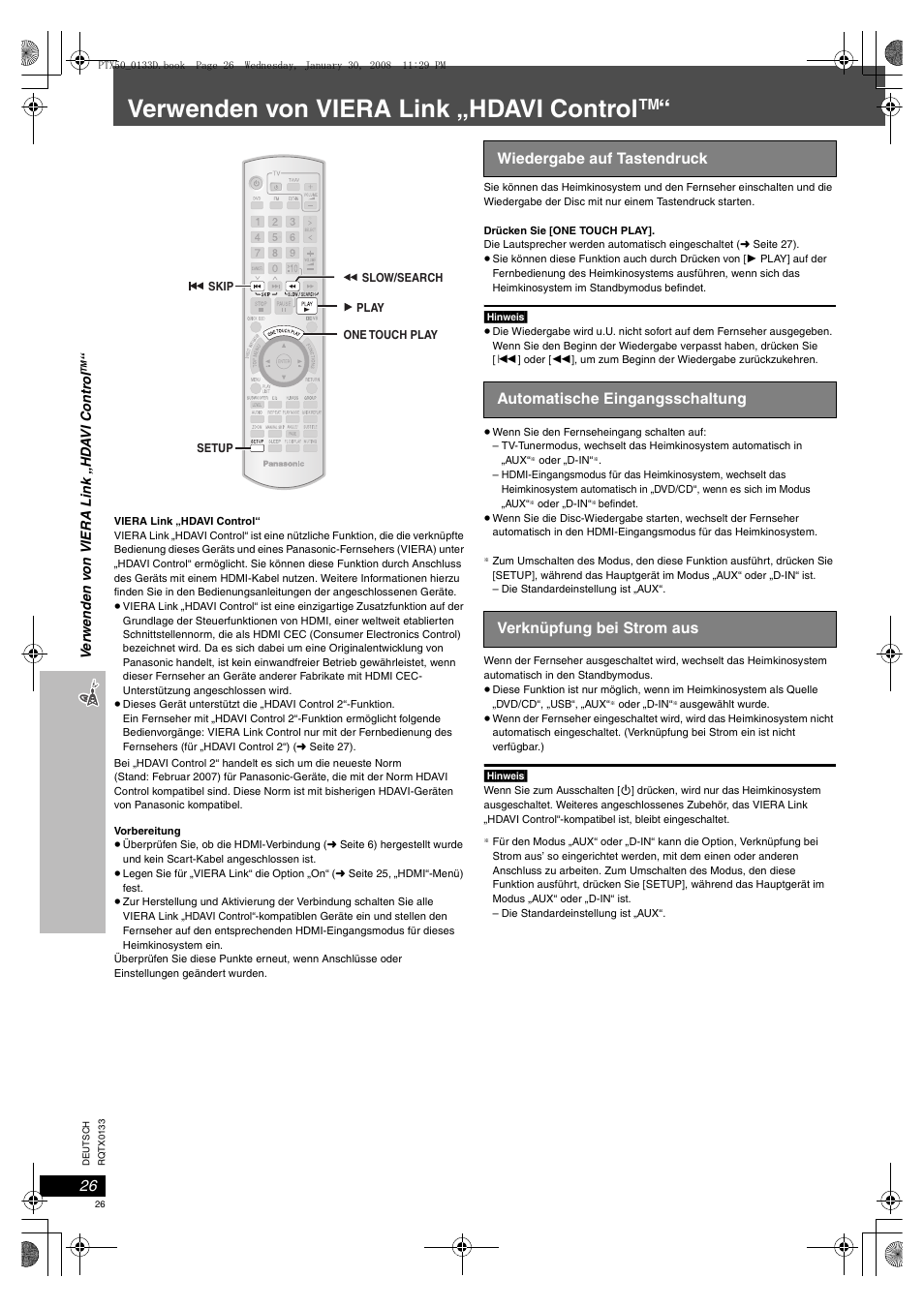 Wiedergabe auf tastendruck, 26 automatische eingangsschaltung, 26 verknüpfung bei strom aus | Seite 26, Verwenden von viera link „hdavi control | Panasonic SCPTX50 User Manual | Page 26 / 116
