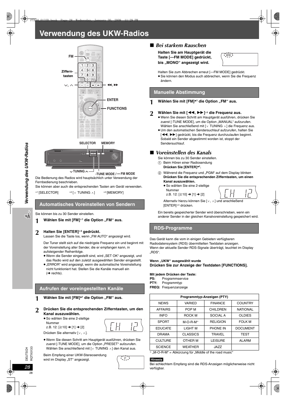 Verwendung des ukw-radios, Automatisches voreinstellen von sendern, 28 aufrufen der voreingestellten kanäle | 28 manuelle abstimmung, 28 rds-programme, Bei starkem rauschen, Voreinstellen des kanals, Aufrufen der voreingestellten kanäle, Manuelle abstimmung, Rds-programme | Panasonic SCPTX50 User Manual | Page 28 / 116