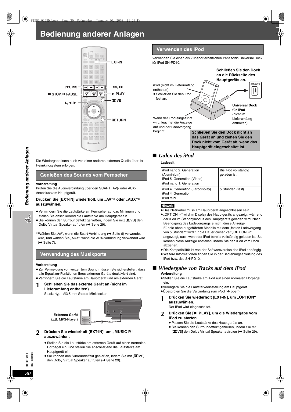 Bedienung anderer anlagen, Genießen des sounds vom fernseher, 30 verwendung des musikports | 30 verwenden des ipod, Seite 30), Seite 30) aus, Laden des ipod, Wiedergabe von tracks auf dem ipod | Panasonic SCPTX50 User Manual | Page 30 / 116