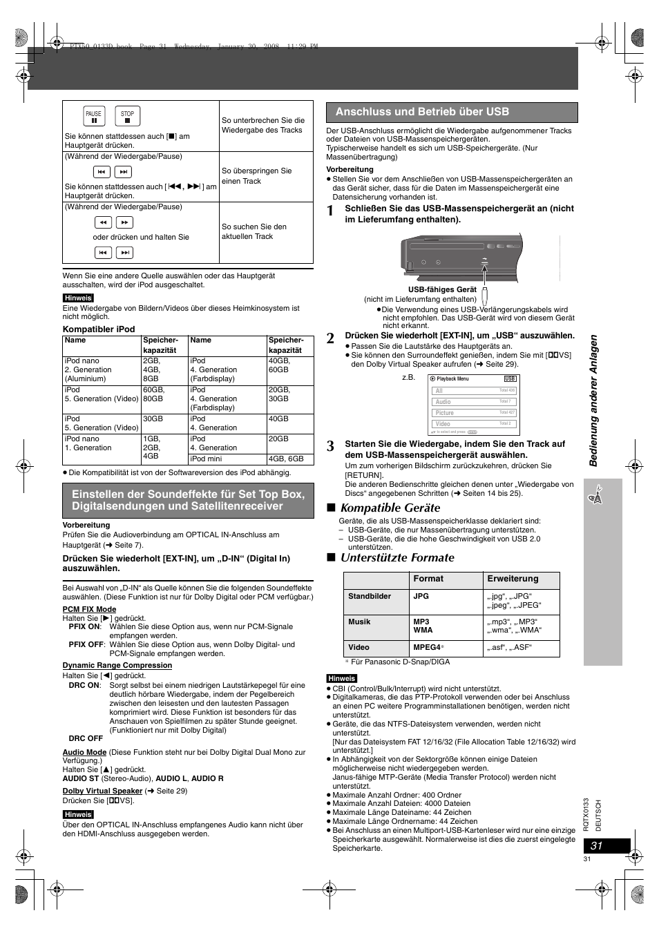 Anschluss und betrieb über usb, Seite 31), Kompatible geräte | Unterstützte formate | Panasonic SCPTX50 User Manual | Page 31 / 116