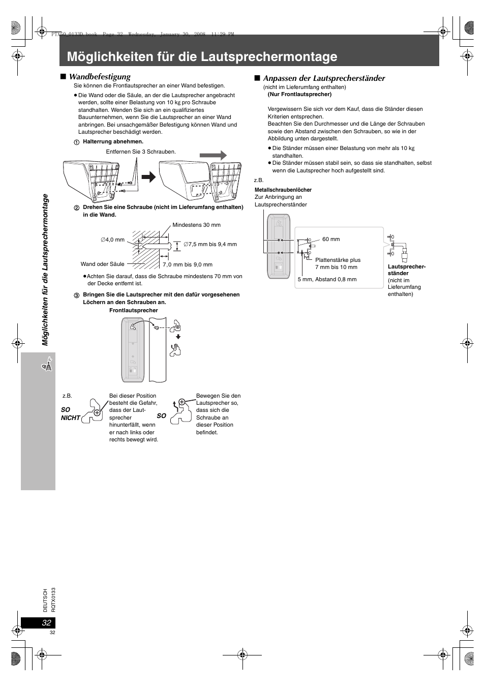Möglichkeiten für die lautsprechermontage | Panasonic SCPTX50 User Manual | Page 32 / 116