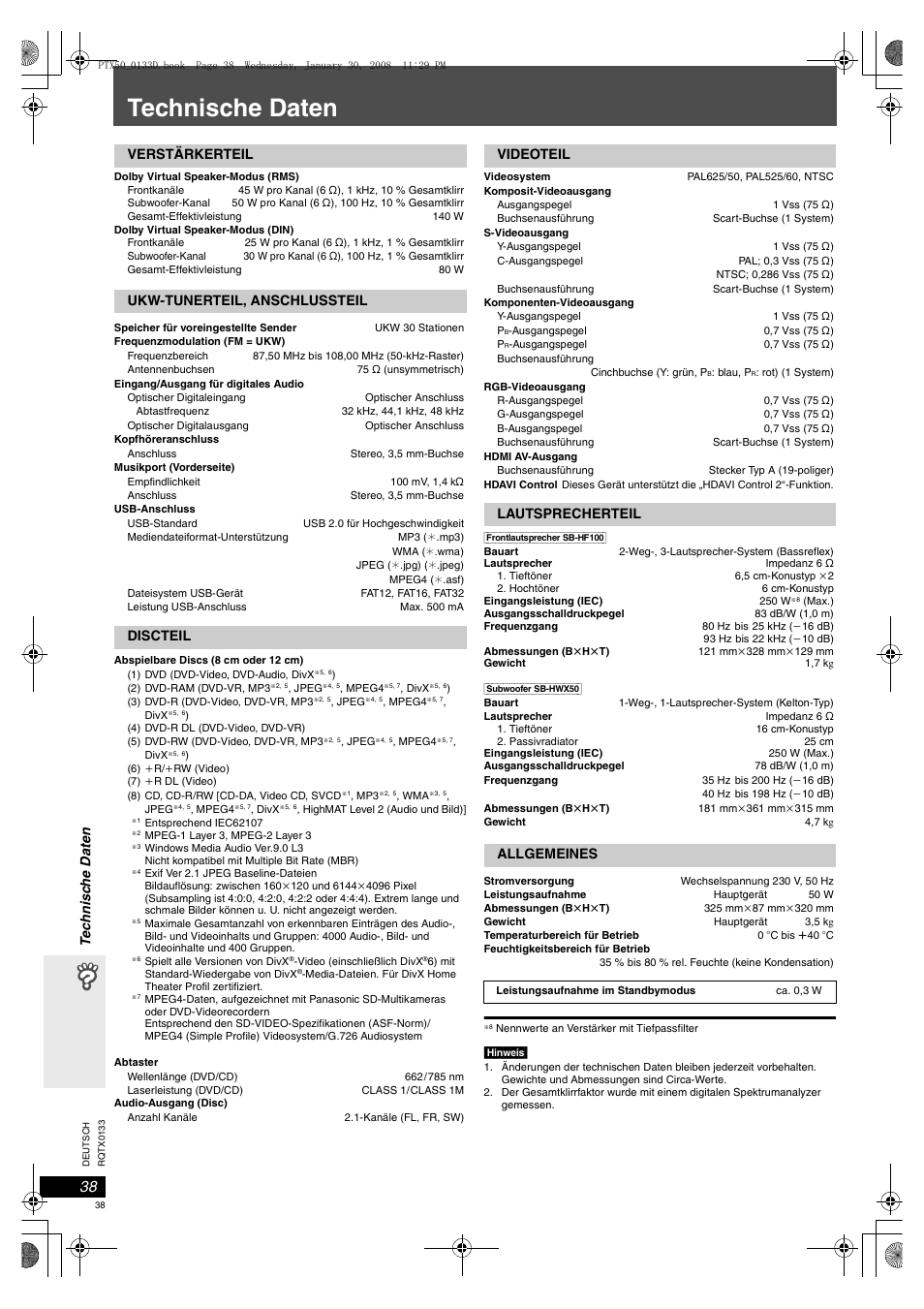 Technische daten | Panasonic SCPTX50 User Manual | Page 38 / 116