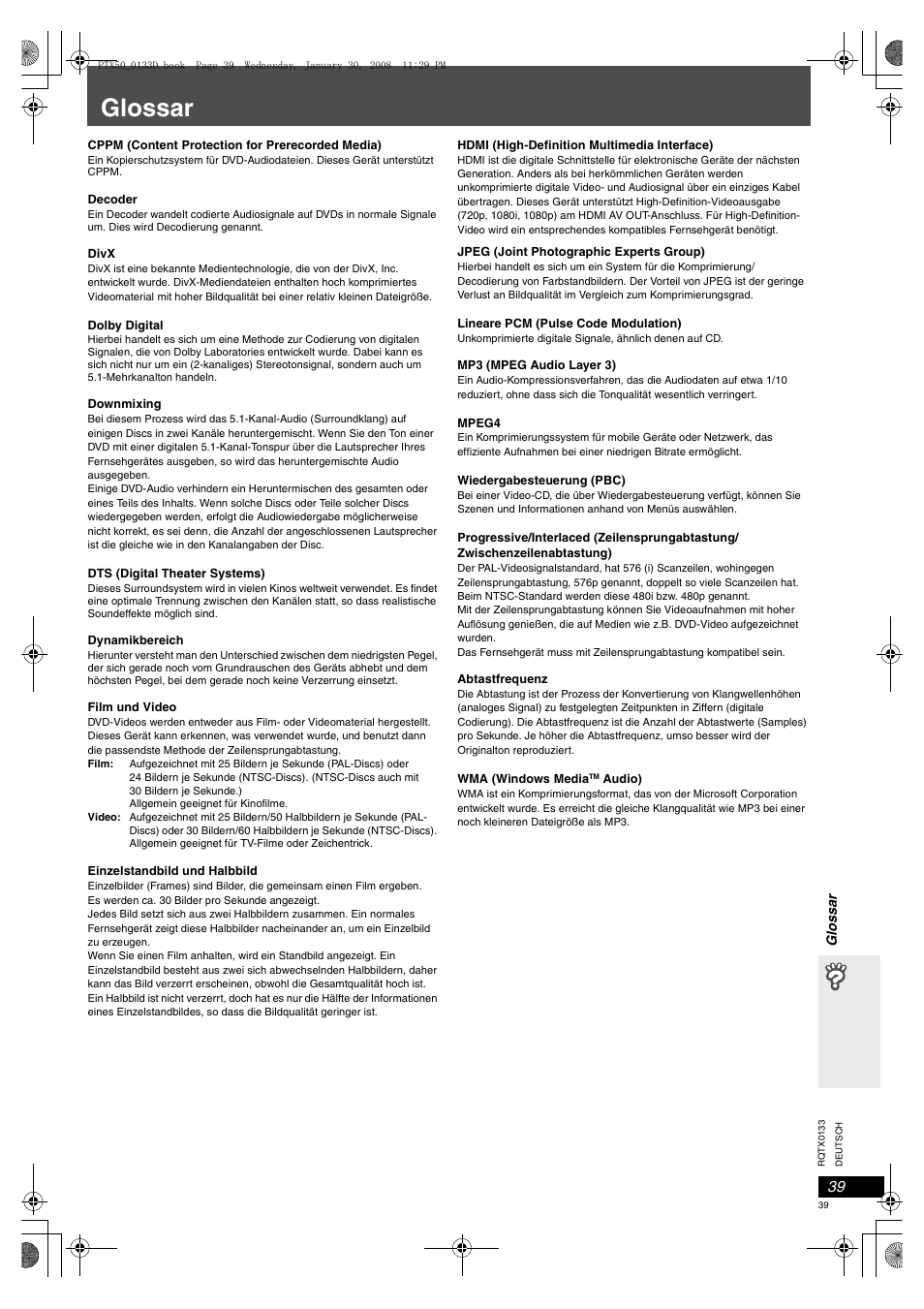 Glossar, Einzelstandbild und halbbild, Seite 39, glossar) | Panasonic SCPTX50 User Manual | Page 39 / 116