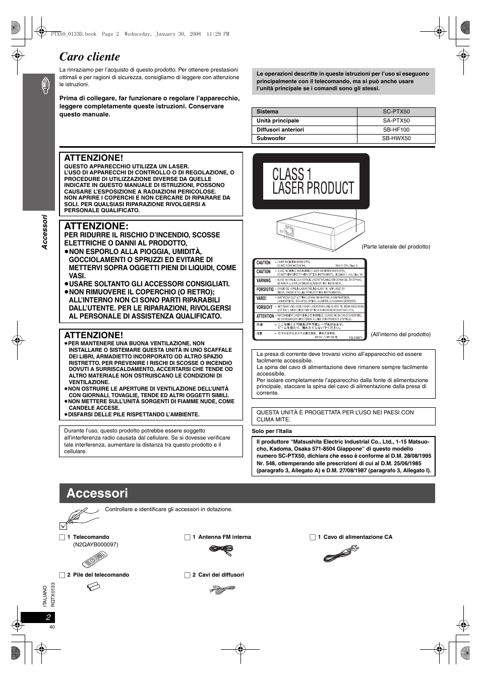 Accessori, Caro cliente, Attenzione | Panasonic SCPTX50 User Manual | Page 40 / 116
