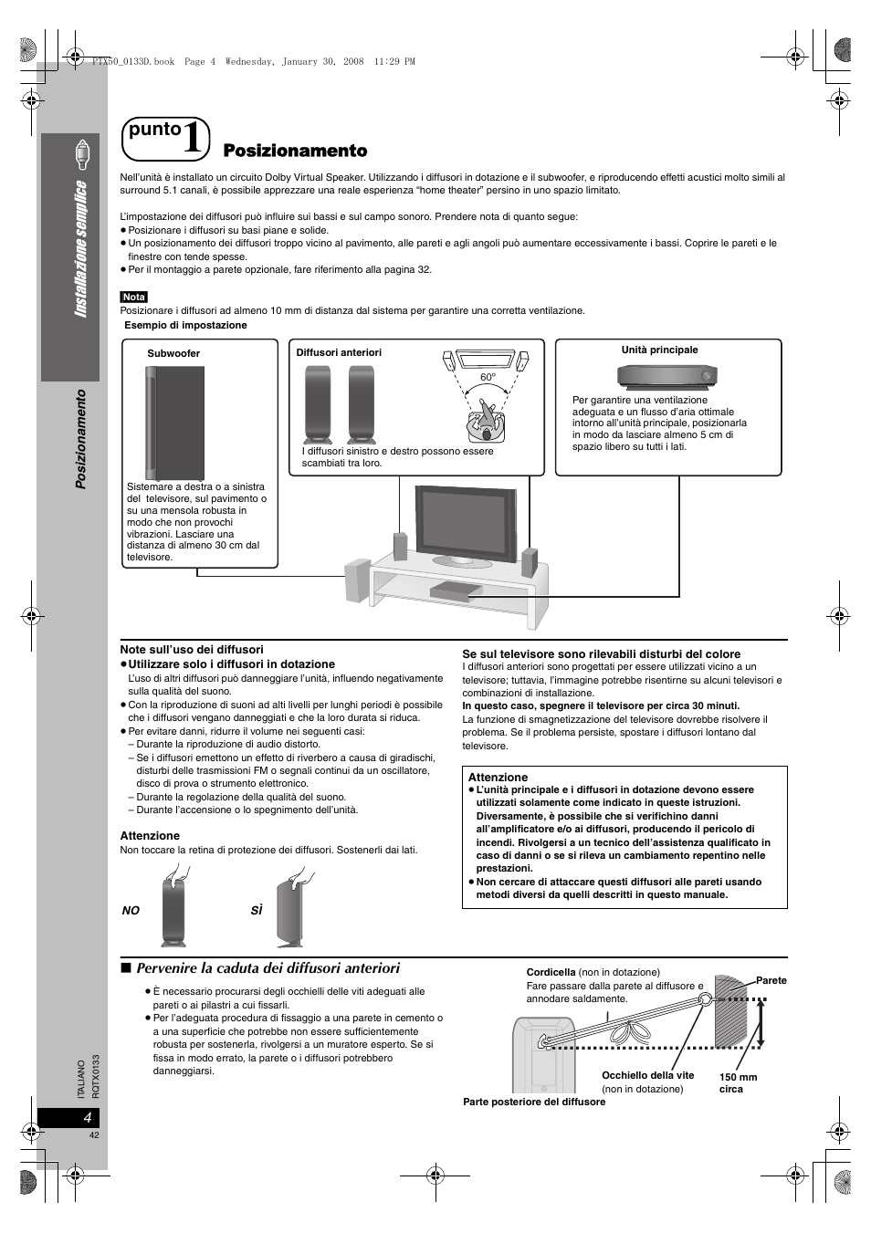 Posizionamento, Punto, Inst allazion e s emp lic e | Panasonic SCPTX50 User Manual | Page 42 / 116