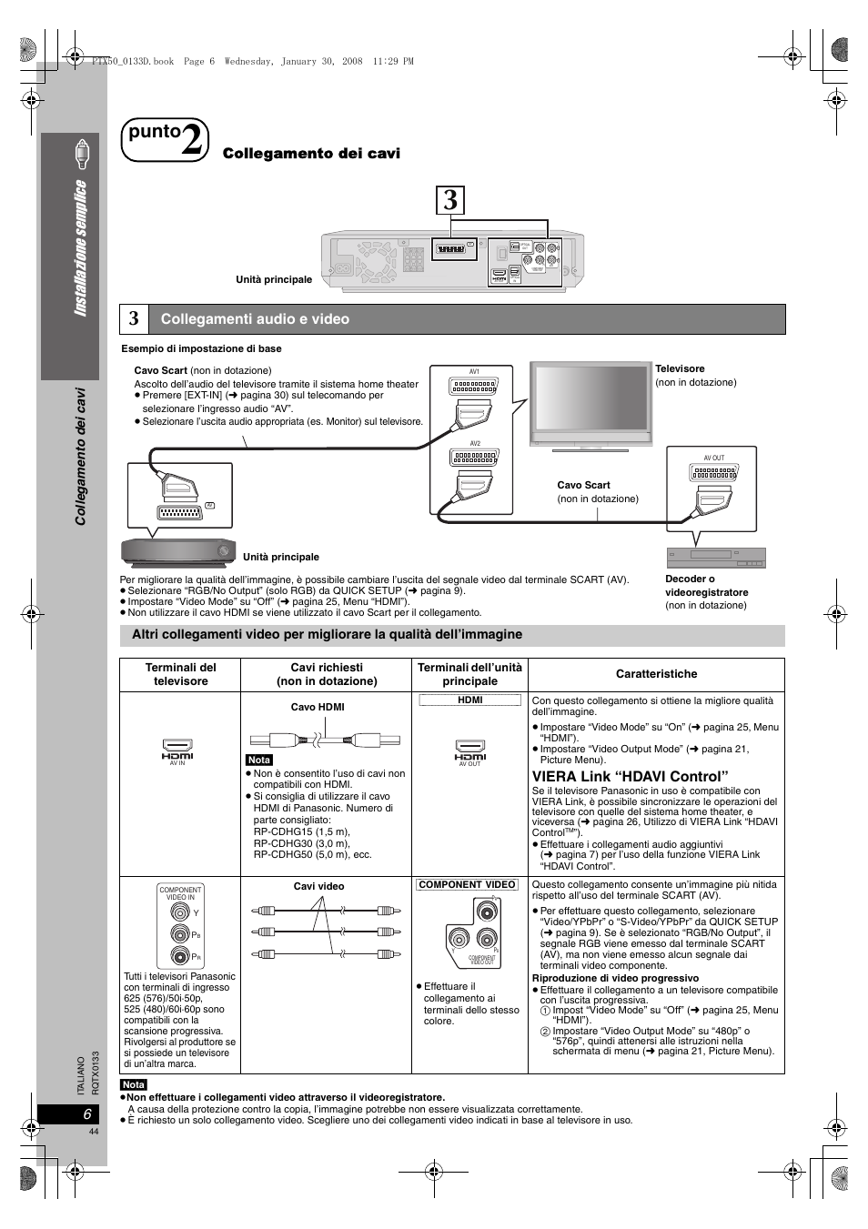 Collegamenti audio e video, Punto, Inst allazion e s emp lic e | Viera link “hdavi control, Collegamento dei cavi, Open close music port selector tuning sa-ptx3, Colle gam e nto dei ca vi | Panasonic SCPTX50 User Manual | Page 44 / 116