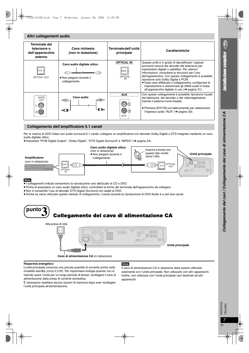 Collegamento del cavo di, Alimentazione ca, Punto | Collegamento del cavo di alimentazione ca, Inst allazion e s emp lic e | Panasonic SCPTX50 User Manual | Page 45 / 116