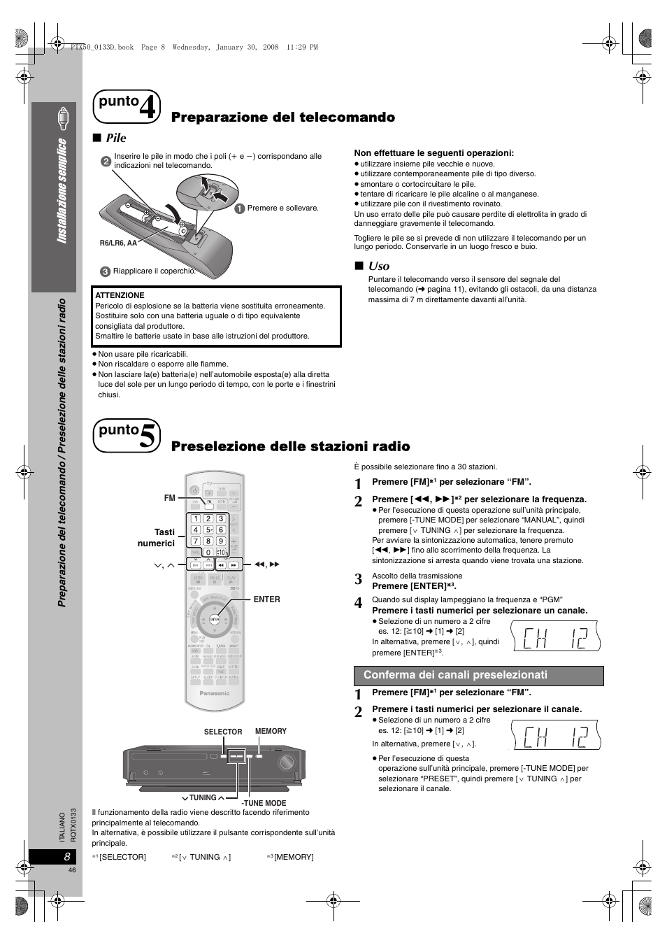 Conferma dei canali preselezionati, Punto, Preparazione del telecomando | Preselezione delle stazioni radio, Pile | Panasonic SCPTX50 User Manual | Page 46 / 116