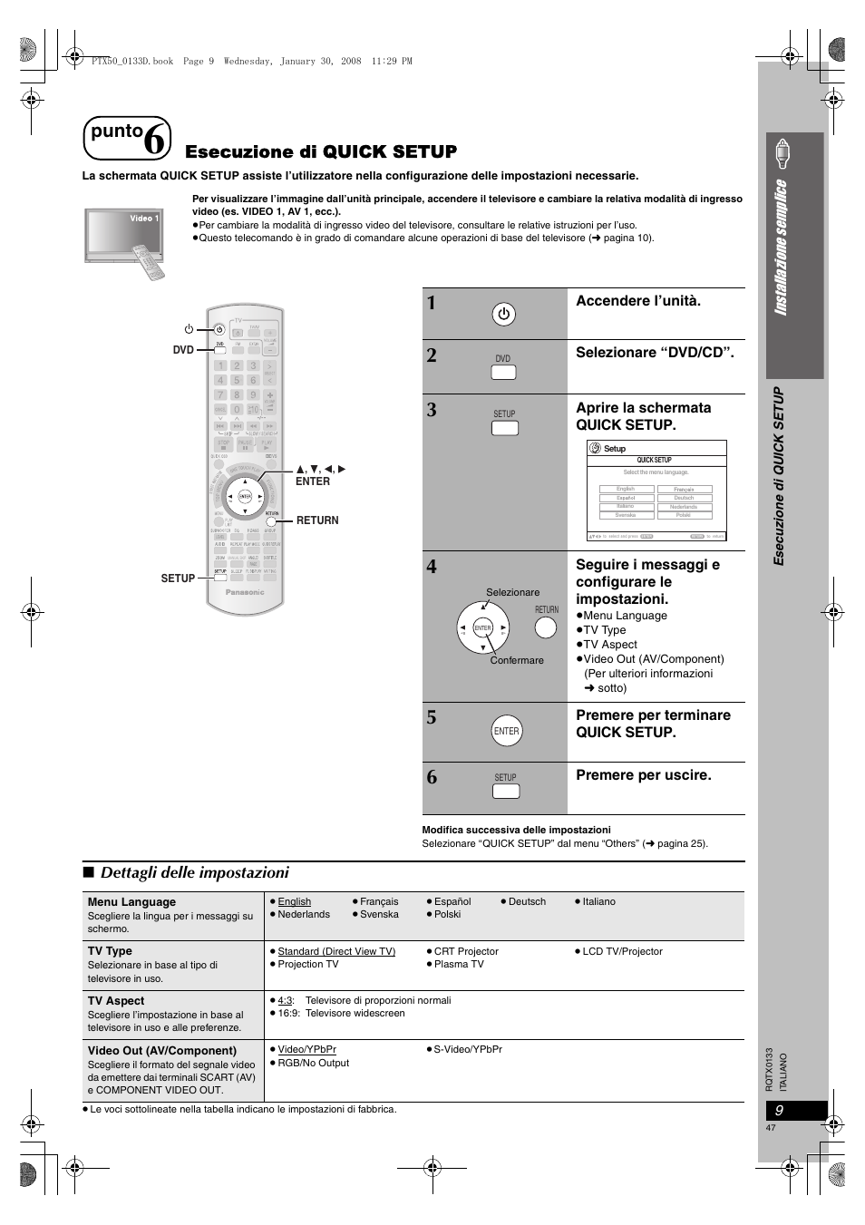 Esecuzione di quick setup, Punto, Dettagli delle impostazioni | Inst allazion e s emp lic e | Panasonic SCPTX50 User Manual | Page 47 / 116