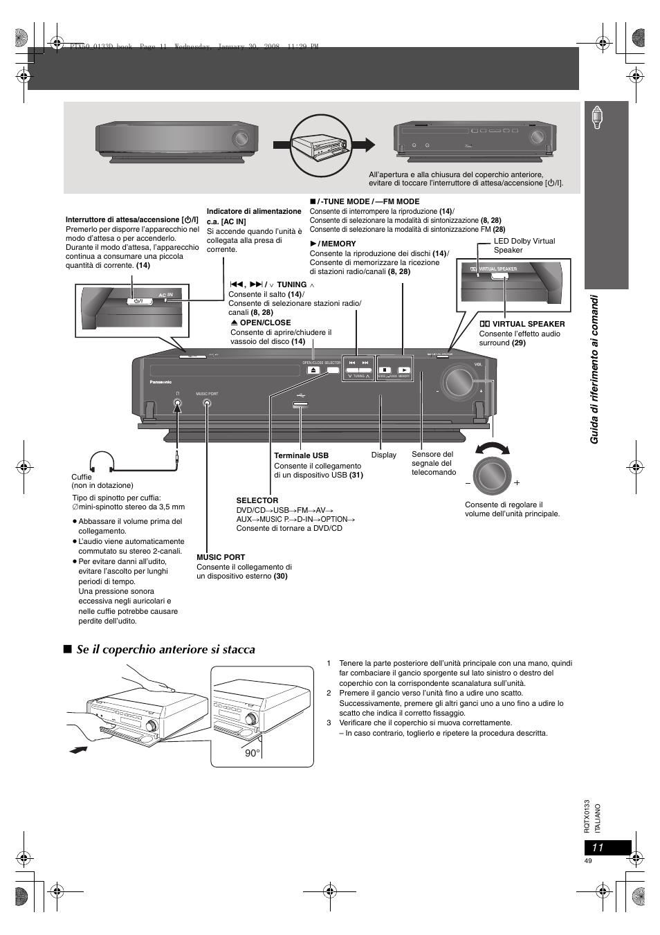 Se il coperchio anteriore si stacca, Gu ida di ri fe rime nto a i co man d i | Panasonic SCPTX50 User Manual | Page 49 / 116