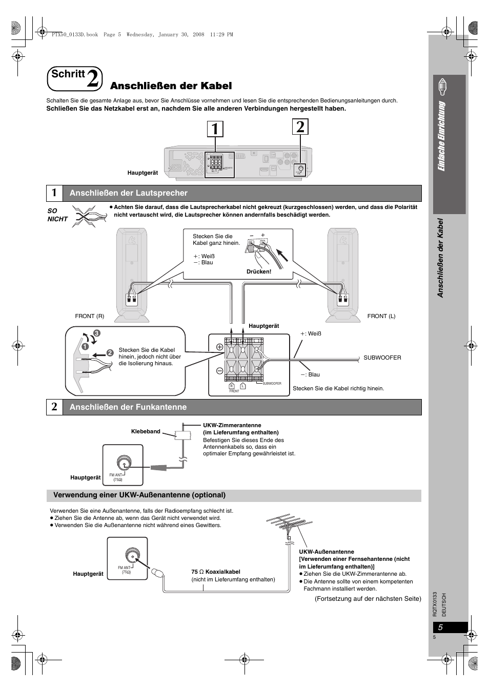 Anschließen der kabel, Anschließen der lautsprecher, 5 anschließen der funkantenne | Schritt, Ei nf ac he ei nric ht un g | Panasonic SCPTX50 User Manual | Page 5 / 116