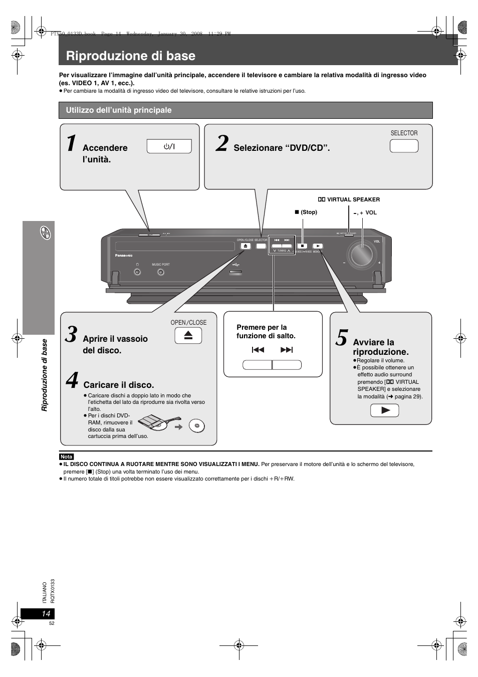 Riproduzione di base, Utilizzo dell’unità principale | Panasonic SCPTX50 User Manual | Page 52 / 116