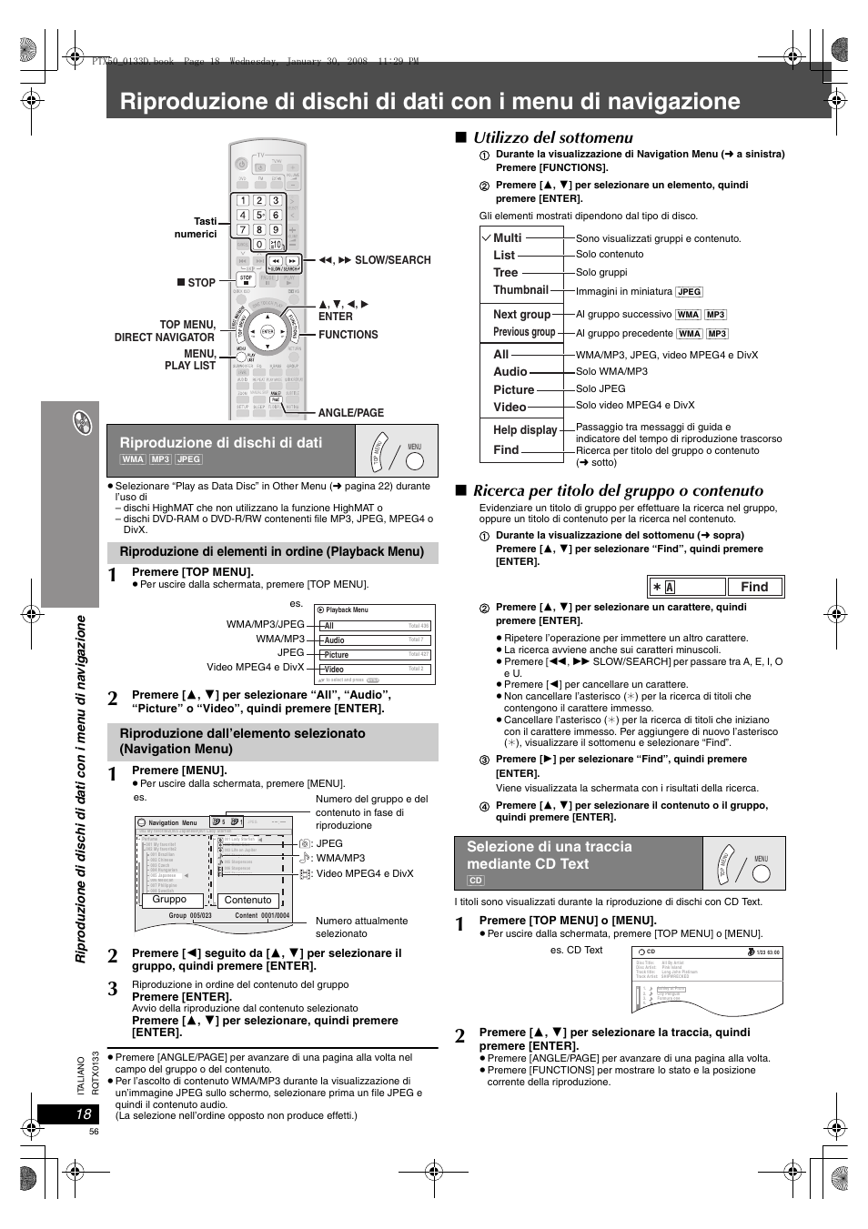 Riproduzione di dischi di dati, 18 selezione di una traccia mediante cd text, Utilizzo del sottomenu | Ricerca per titolo del gruppo o contenuto, Selezione di una traccia mediante cd text | Panasonic SCPTX50 User Manual | Page 56 / 116