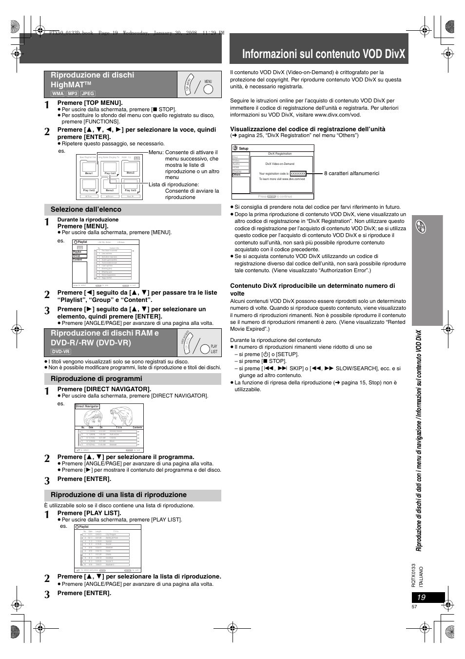 Riproduzione di dischi highmat, Informazioni sul contenuto vod divx, Riproduzione di dischi ram e dvd-r/-rw (dvd-vr) | Selezione dall’elenco, Riproduzione di programmi, Riproduzione di una lista di riproduzione, Premere [top menu, Premere [menu, Premere [direct navigator, Premere [ 3 , 4 ] per selezionare il programma | Panasonic SCPTX50 User Manual | Page 57 / 116