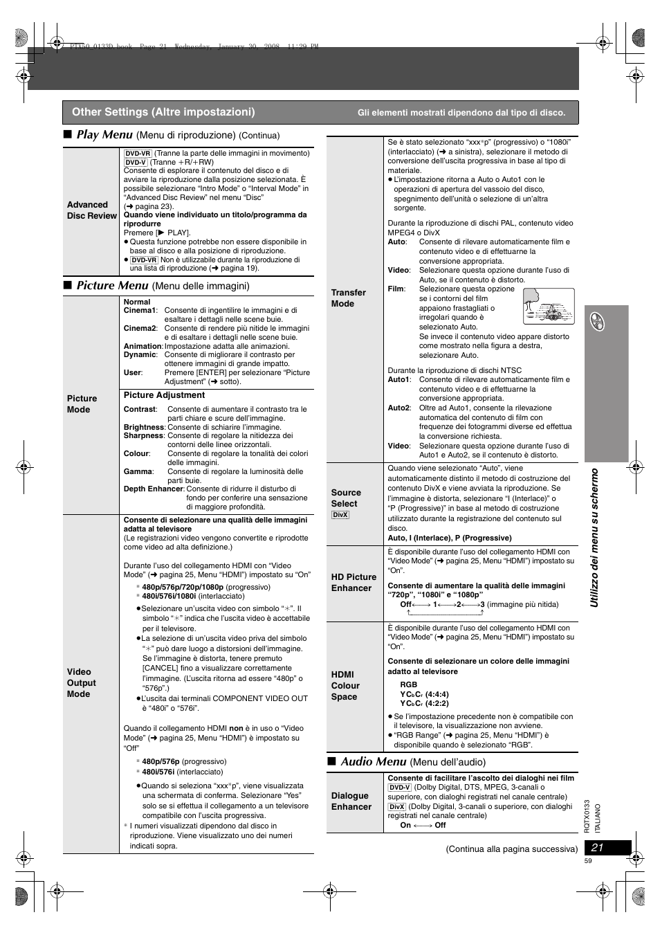 Play menu, Picture menu, Audio menu | Other settings (altre impostazioni) | Panasonic SCPTX50 User Manual | Page 59 / 116