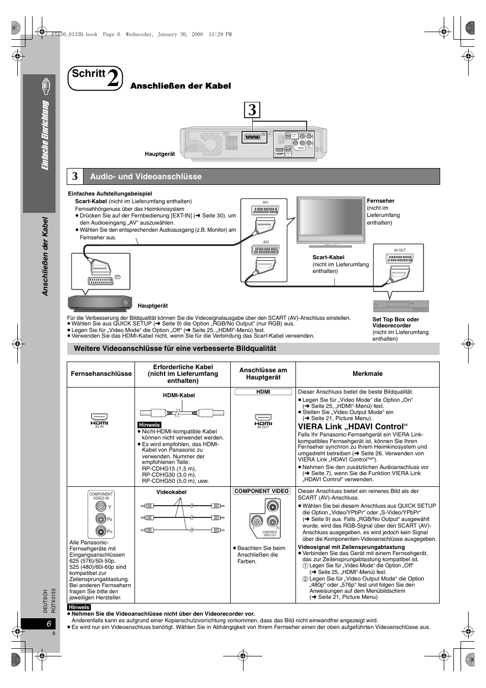 Audio- und videoanschlüsse, Schritt, Ei nf ac he ei nric ht un g | Viera link „hdavi control, Anschließen der kabel | Panasonic SCPTX50 User Manual | Page 6 / 116
