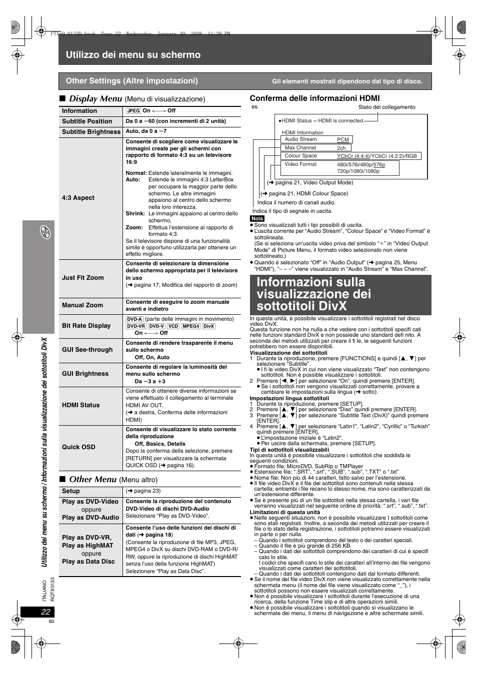 Utilizzo dei menu su schermo, Display menu, Other menu | Panasonic SCPTX50 User Manual | Page 60 / 116
