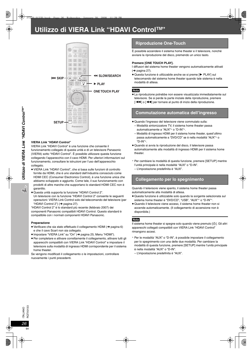 Riproduzione one-touch, 26 commutazione automatica dell’ingresso, 26 collegamento per lo spegnimento | Utilizzo di viera link “hdavi control | Panasonic SCPTX50 User Manual | Page 64 / 116
