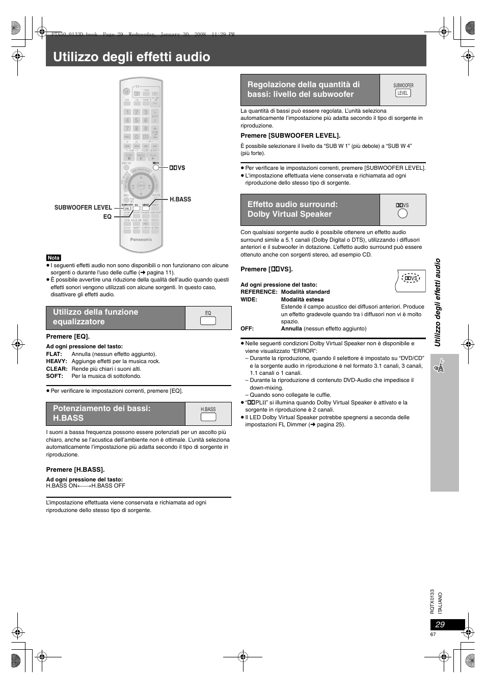 Utilizzo degli effetti audio, Utilizzo della funzione equalizzatore, 29 potenziamento dei bassi: h.bass | Panasonic SCPTX50 User Manual | Page 67 / 116