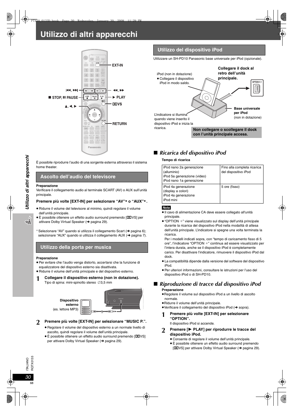 Utilizzo di altri apparecchi, Ascolto dell’audio del televisore, 30 utilizzo della porta per musica | 30 utilizzo del dispositivo ipod, Ricarica del dispositivo ipod, Riproduzione di tracce dal dispositivo ipod | Panasonic SCPTX50 User Manual | Page 68 / 116