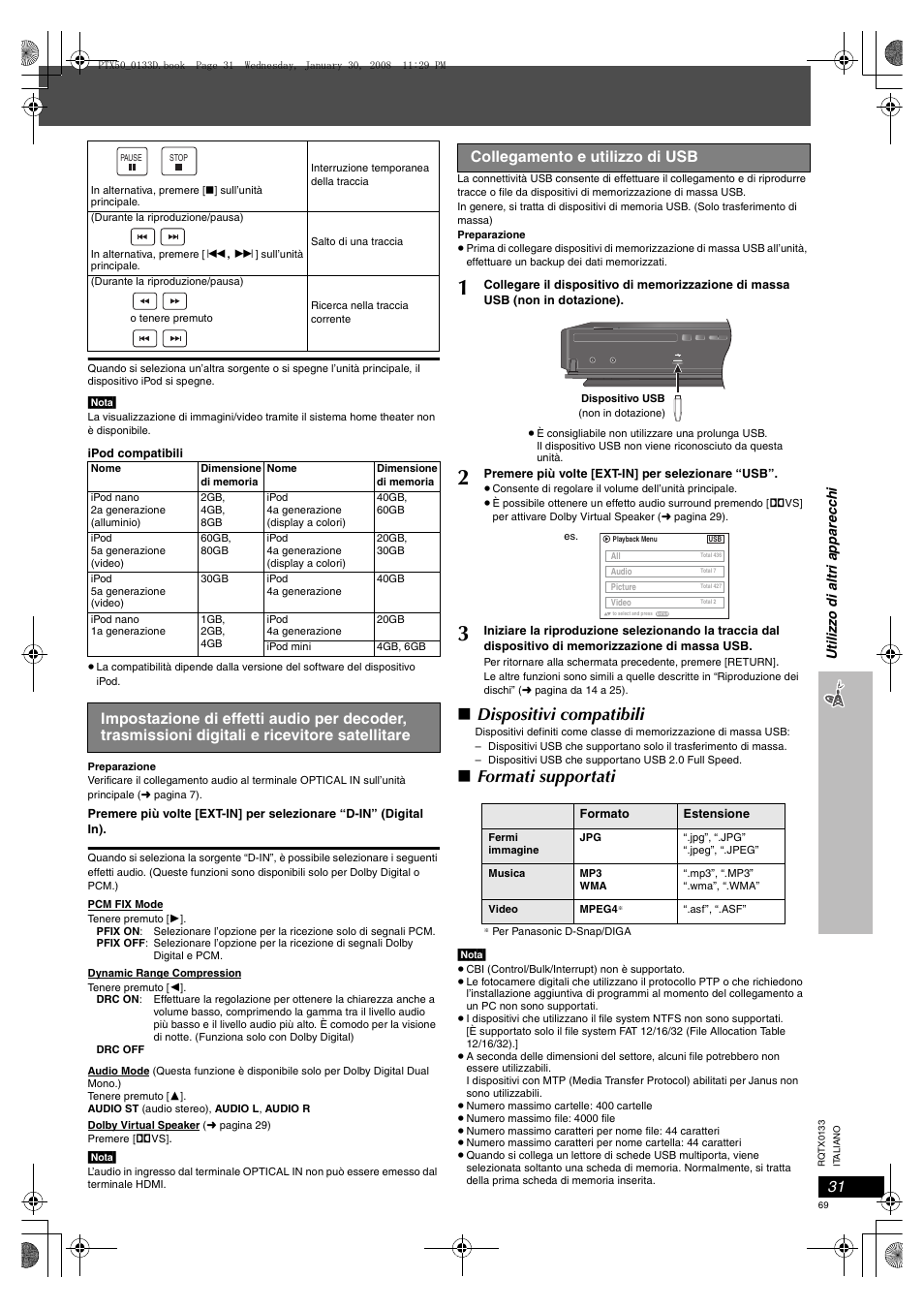 Collegamento e utilizzo di usb, Dispositivi compatibili, Formati supportati | Panasonic SCPTX50 User Manual | Page 69 / 116