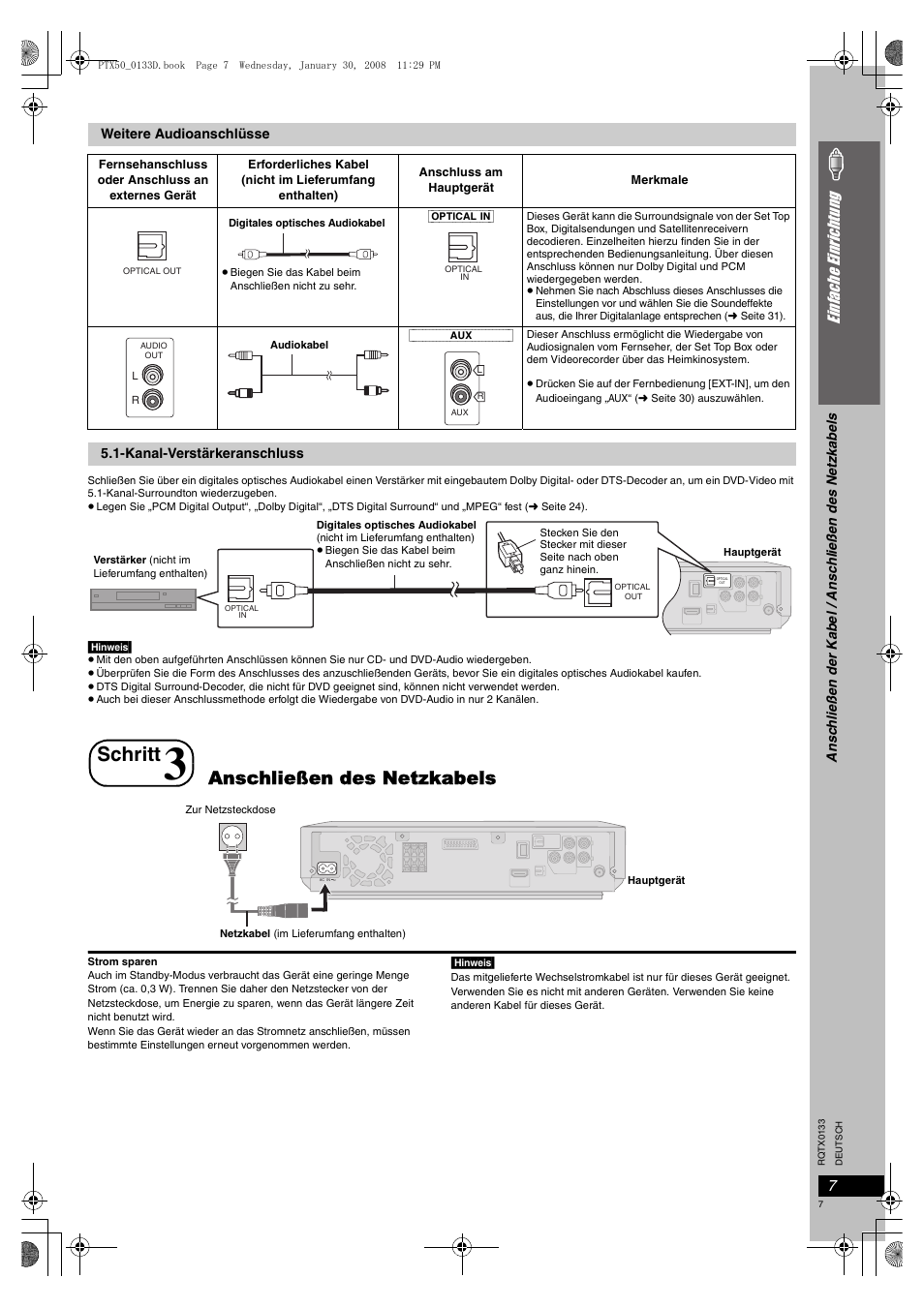 Anschließen des netzkabels, Seite 7, Schritt | Ei nf ac he ei nric ht un g | Panasonic SCPTX50 User Manual | Page 7 / 116