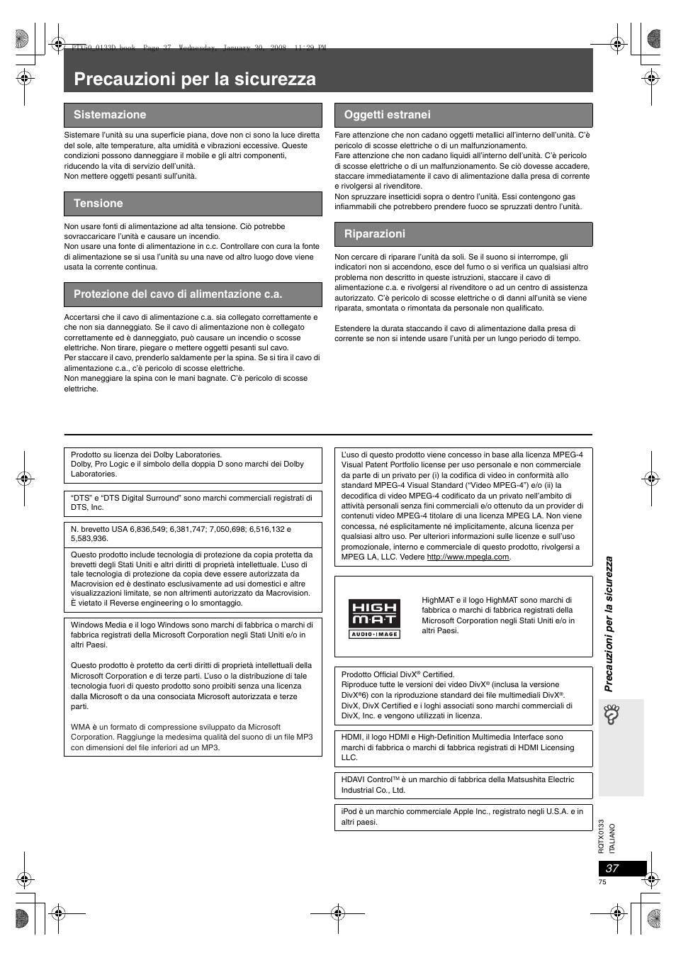 Precauzioni per la sicurezza | Panasonic SCPTX50 User Manual | Page 75 / 116