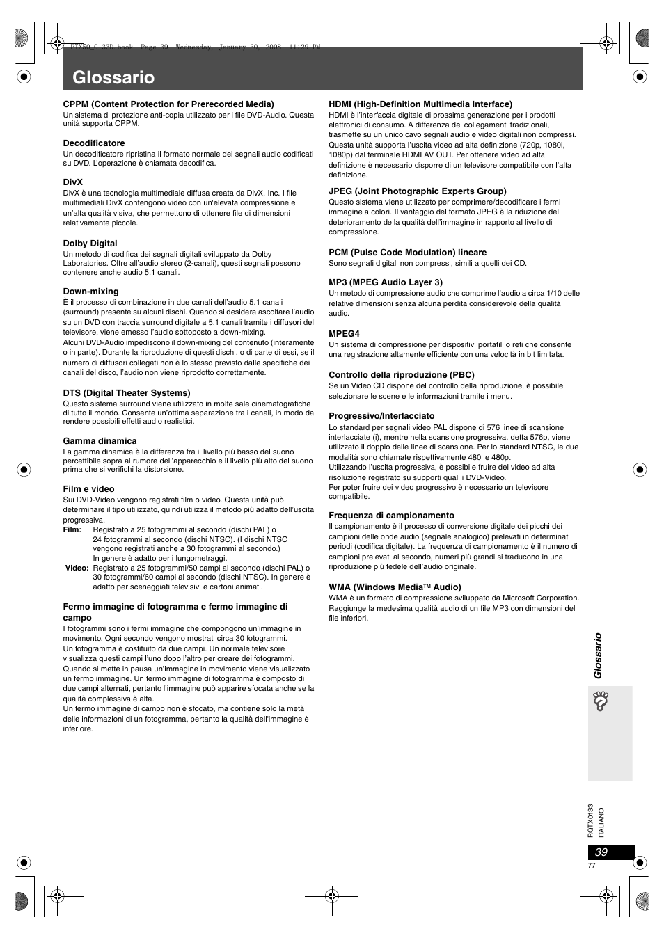 Glossario | Panasonic SCPTX50 User Manual | Page 77 / 116