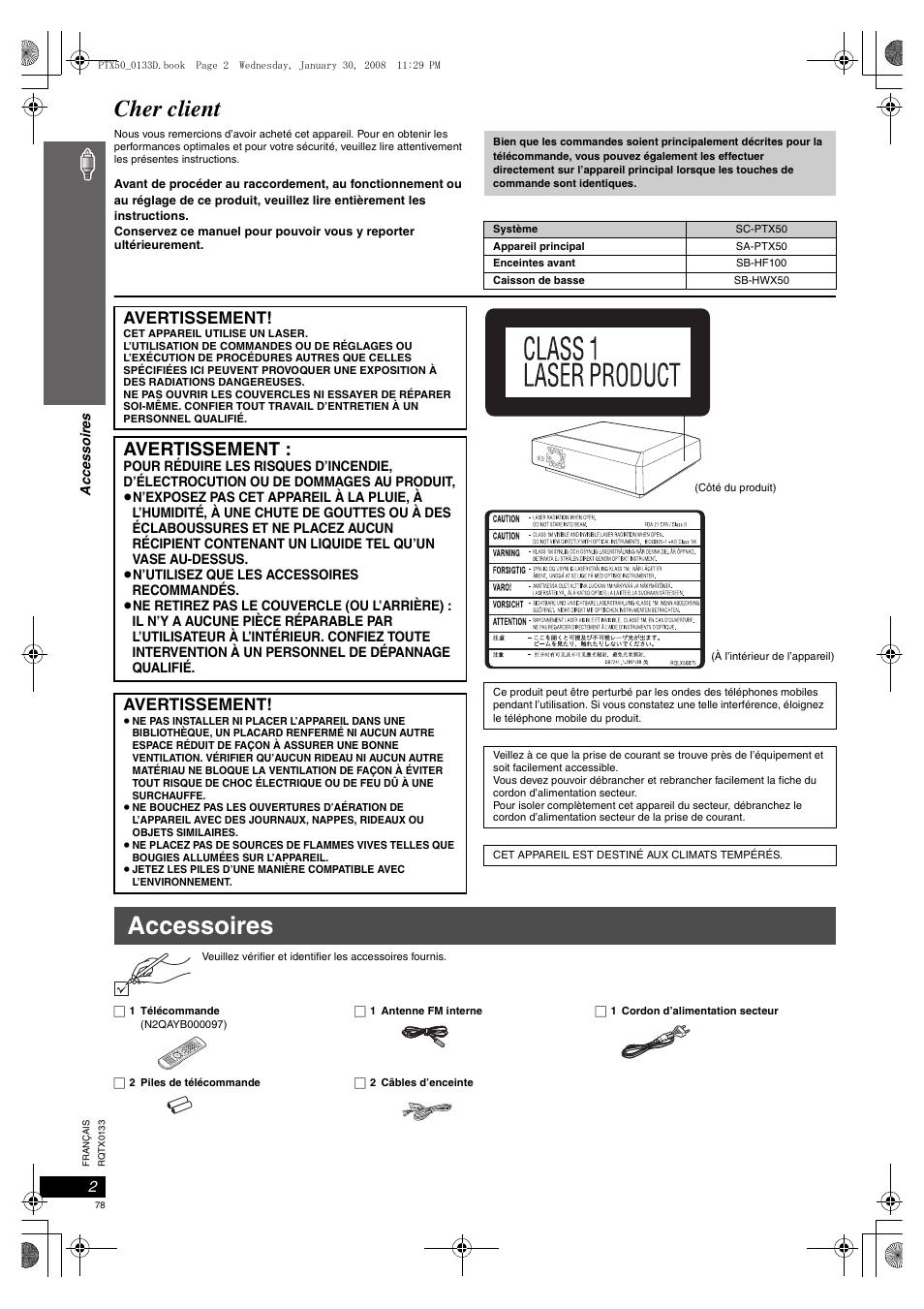 Accessoires, Cher client, Avertissement | Panasonic SCPTX50 User Manual | Page 78 / 116