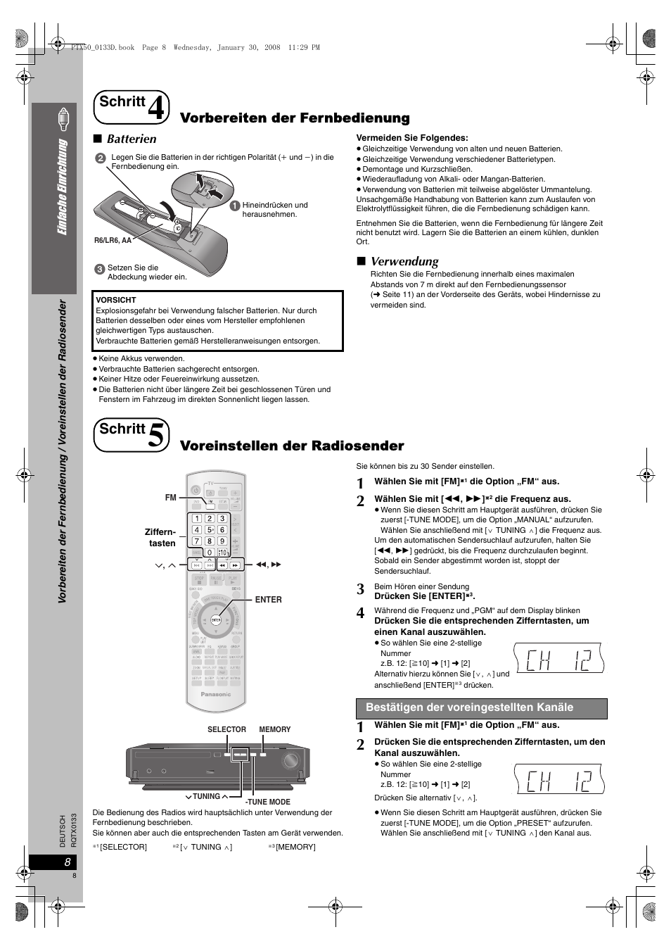 Schritt, Vorbereiten der fernbedienung, Voreinstellen der radiosender | Batterien, Verwendung | Panasonic SCPTX50 User Manual | Page 8 / 116