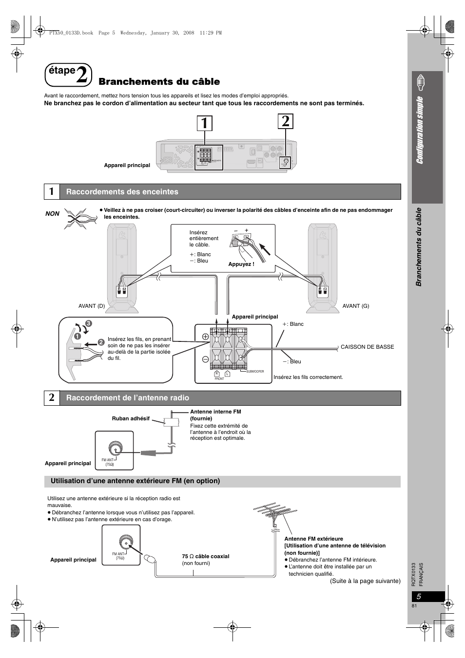 Branchements du câble, Raccordements des enceintes, 5 raccordement de l’antenne radio | Étape, Co nf ig ur at io n s im ple | Panasonic SCPTX50 User Manual | Page 81 / 116