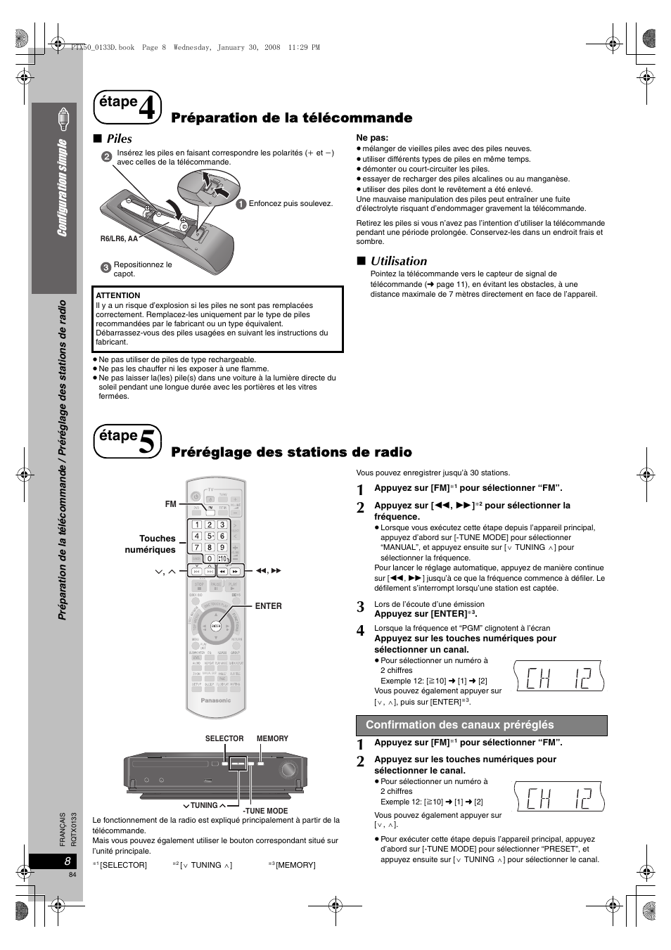 Confirmation des canaux préréglés, Étape, Préparation de la télécommande | Préréglage des stations de radio, Piles, Utilisation | Panasonic SCPTX50 User Manual | Page 84 / 116