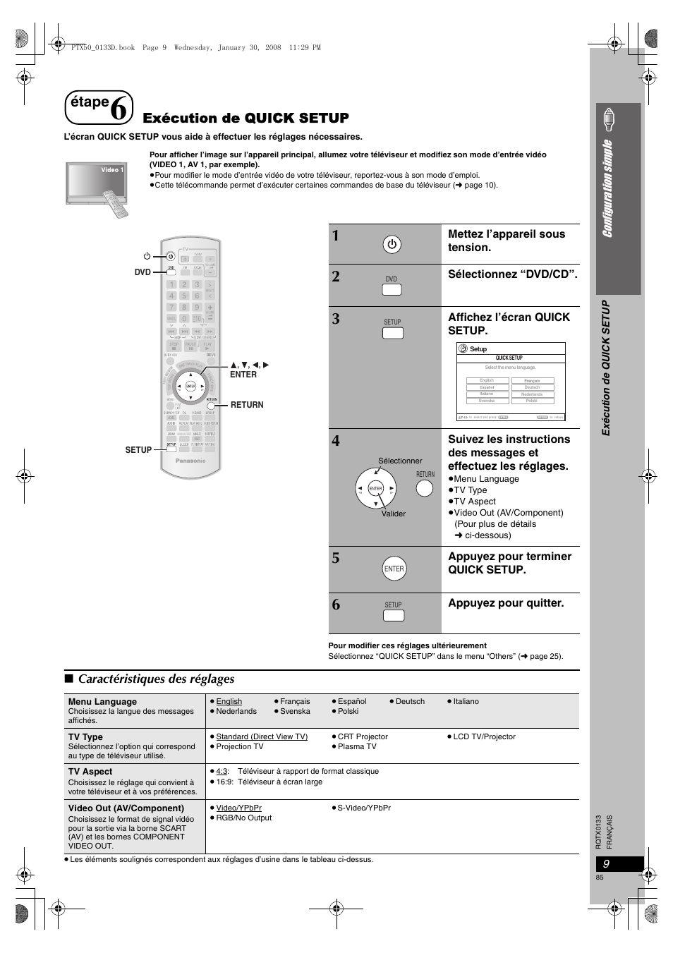 Exécution de quick setup, Étape, Caractéristiques des réglages | Co nf ig ur at io n s im ple | Panasonic SCPTX50 User Manual | Page 85 / 116