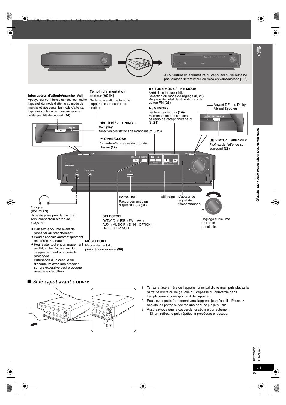 Si le capot avant s’ouvre, Gu id e de réfé re nce de s co mm ande s | Panasonic SCPTX50 User Manual | Page 87 / 116