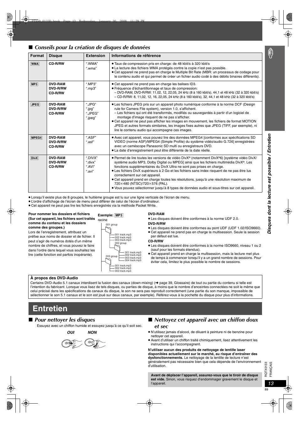 Entretien, Conseils pour la création de disques de données, Pour nettoyer les disques | Nettoyez cet appareil avec un chiffon doux et sec | Panasonic SCPTX50 User Manual | Page 89 / 116