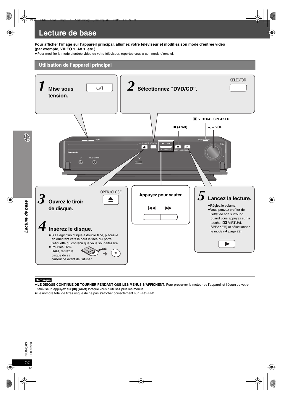 Lecture de base, Utilisation de l’appareil principal | Panasonic SCPTX50 User Manual | Page 90 / 116