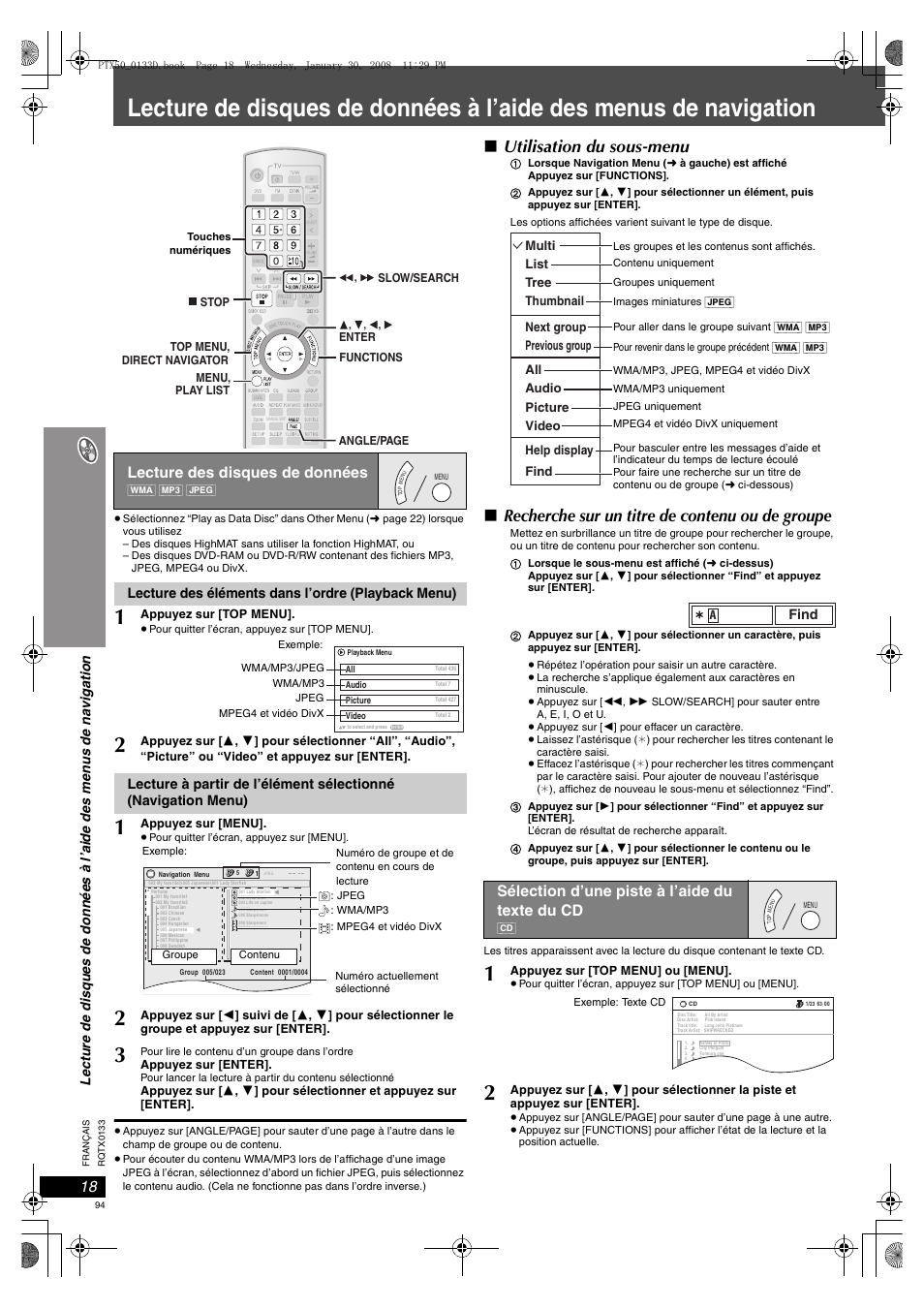 Lecture de disques de données à l’aide des, Menus de navigation, Lecture des disques de données | 18 sélection d’une piste à l’aide du texte du cd, Utilisation du sous-menu, Recherche sur un titre de contenu ou de groupe, Sélection d’une piste à l’aide du texte du cd | Panasonic SCPTX50 User Manual | Page 94 / 116