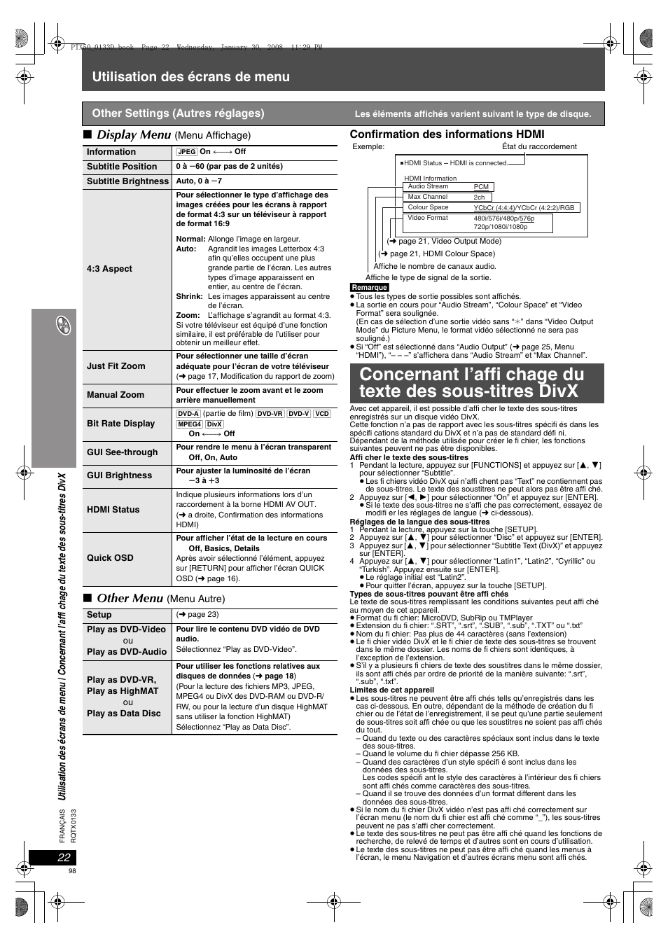 Utilisation des écrans de menu, Display menu, Other menu | Panasonic SCPTX50 User Manual | Page 98 / 116