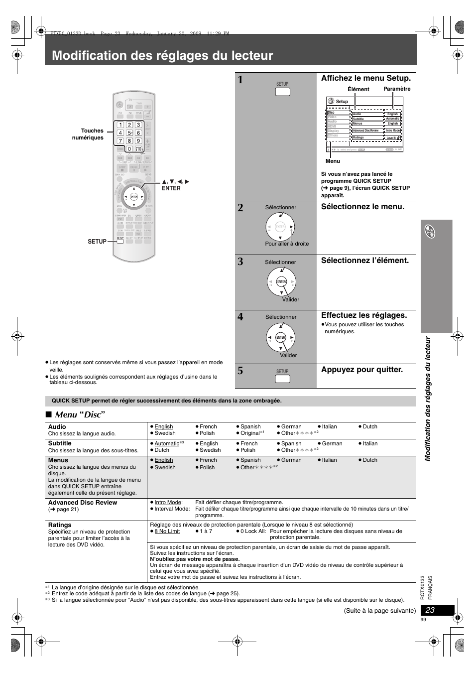 Modification des réglages du lecteur, Menu “ disc, Affichez le menu setup | Sélectionnez le menu, Sélectionnez l’élément, Effectuez les réglages, Appuyez pour quitter | Panasonic SCPTX50 User Manual | Page 99 / 116
