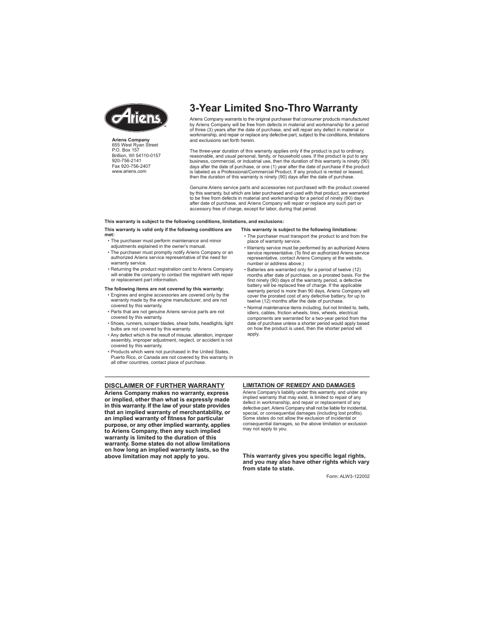 Year limited sno-thro warranty | Ariens Sno-Thro 932105 - 8526 User Manual | Page 29 / 30