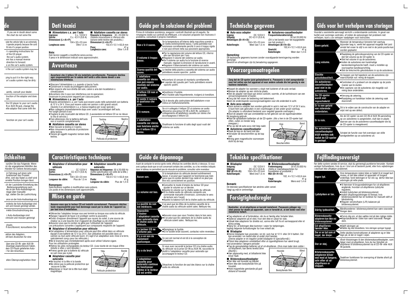 Mises en garde, Avvertenze, Voorzorgsmaatregelen | Forsigtighedsregler | Panasonic CarKit User Manual | Page 2 / 4