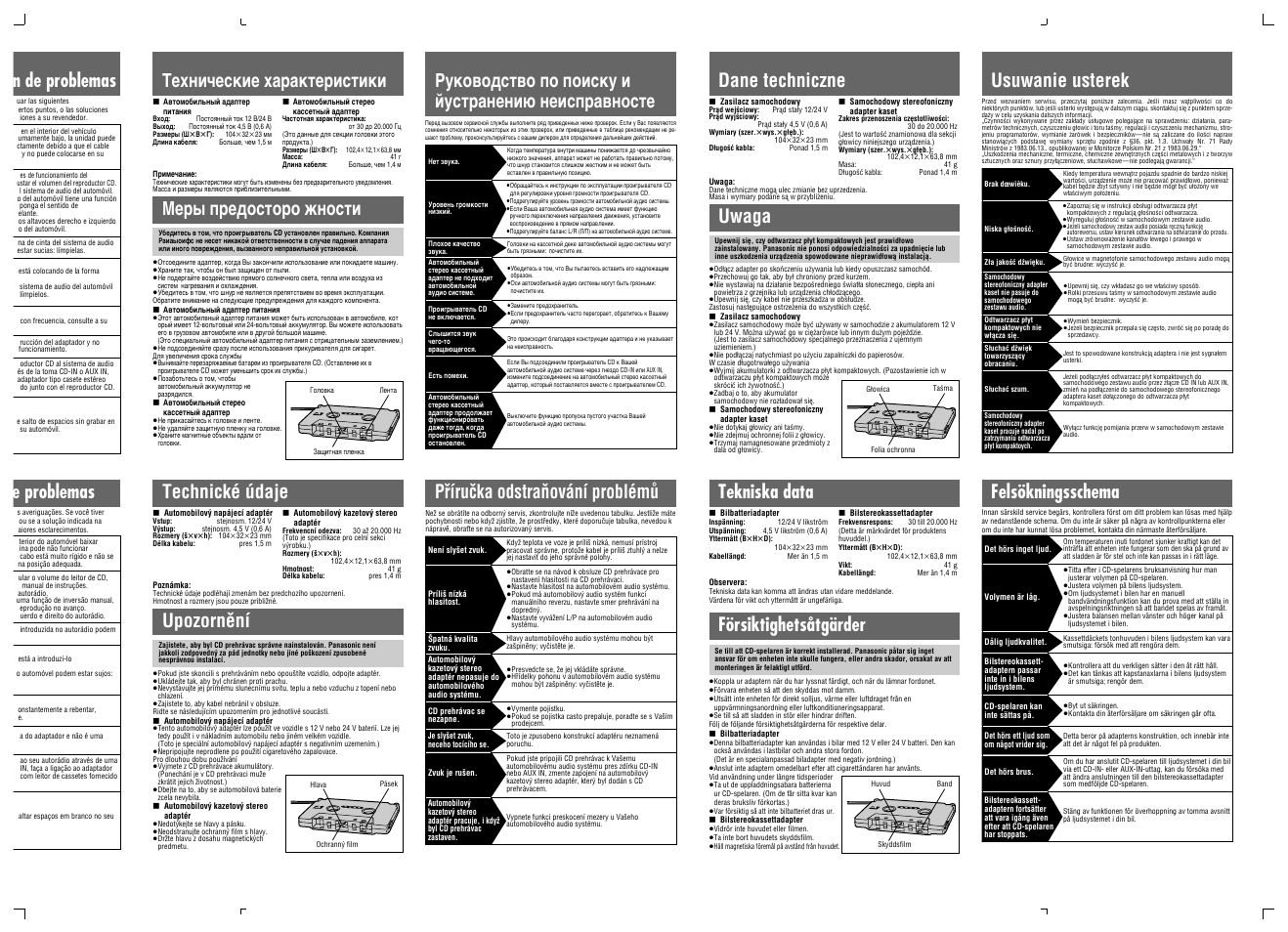 Försiktighetsåtgärder, Uwaga, Upozornêní | Meps gpeloctopo òhoctn | Panasonic CarKit User Manual | Page 4 / 4