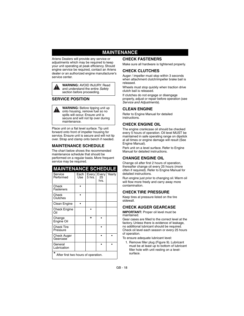 Maintenance, Maintenance schedule | Ariens 932037 - 724 User Manual | Page 18 / 31