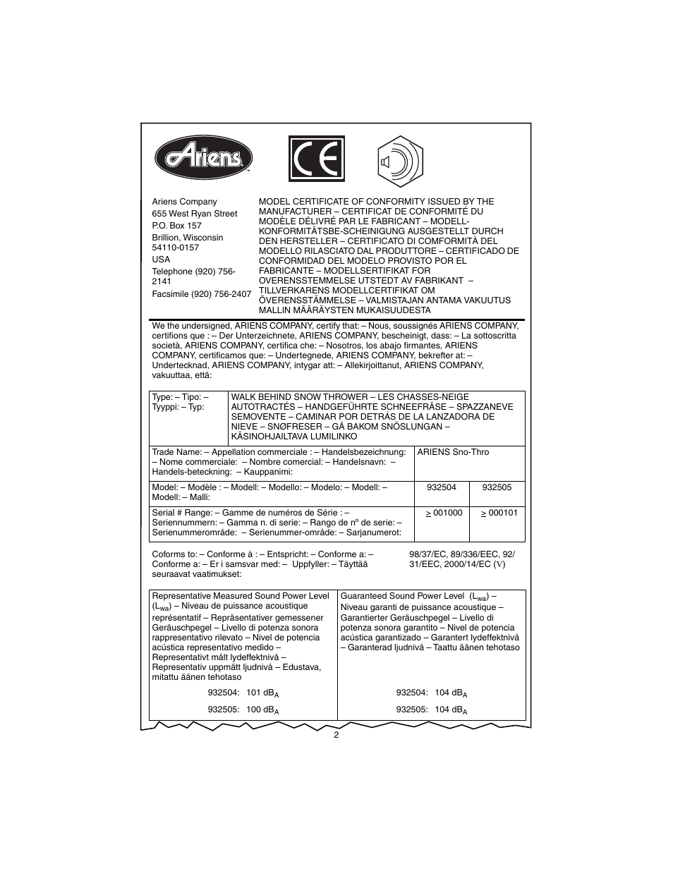 Ariens 932037 - 724 User Manual | Page 2 / 31