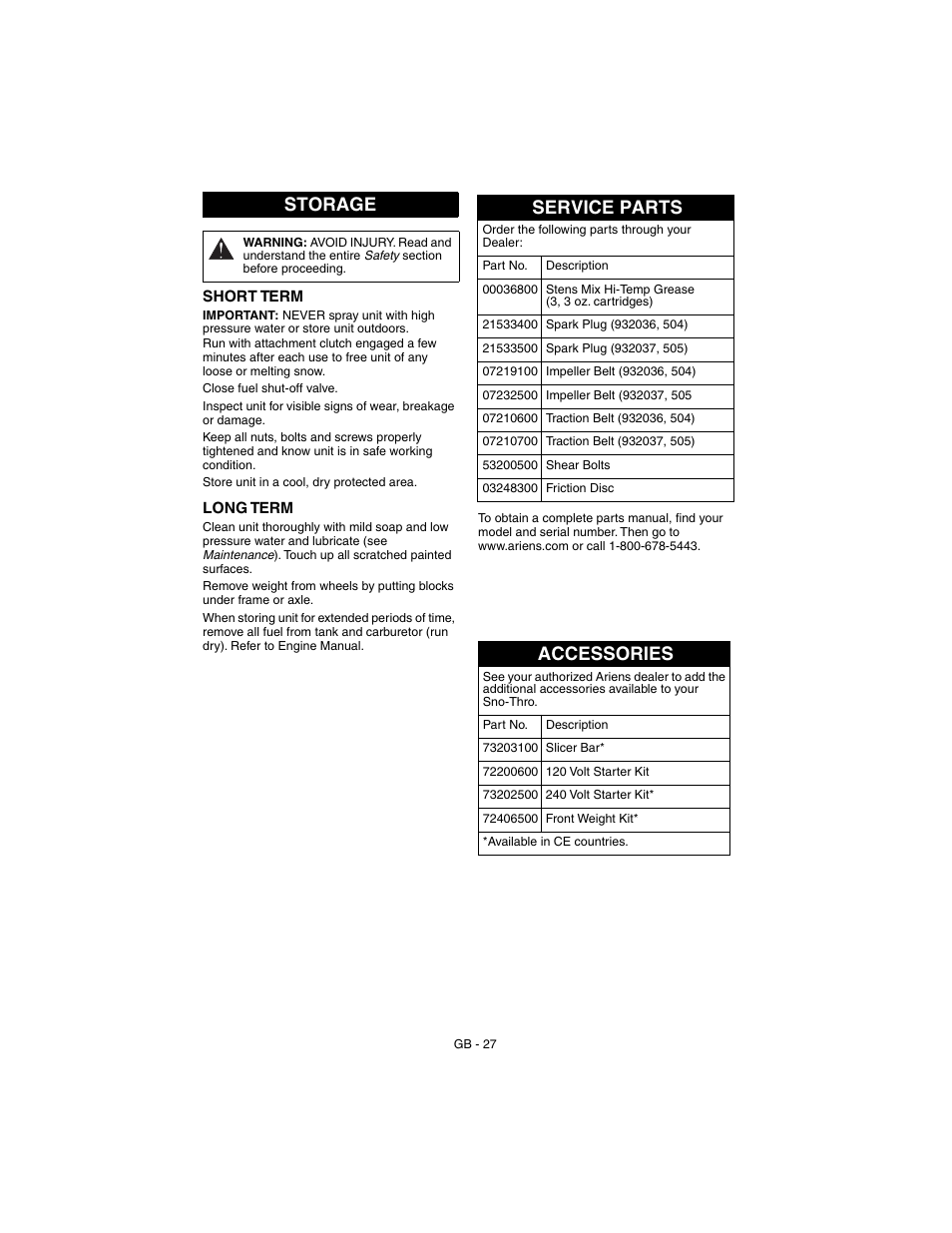 Storage, Service parts, Accessories | Ariens 932037 - 724 User Manual | Page 27 / 31